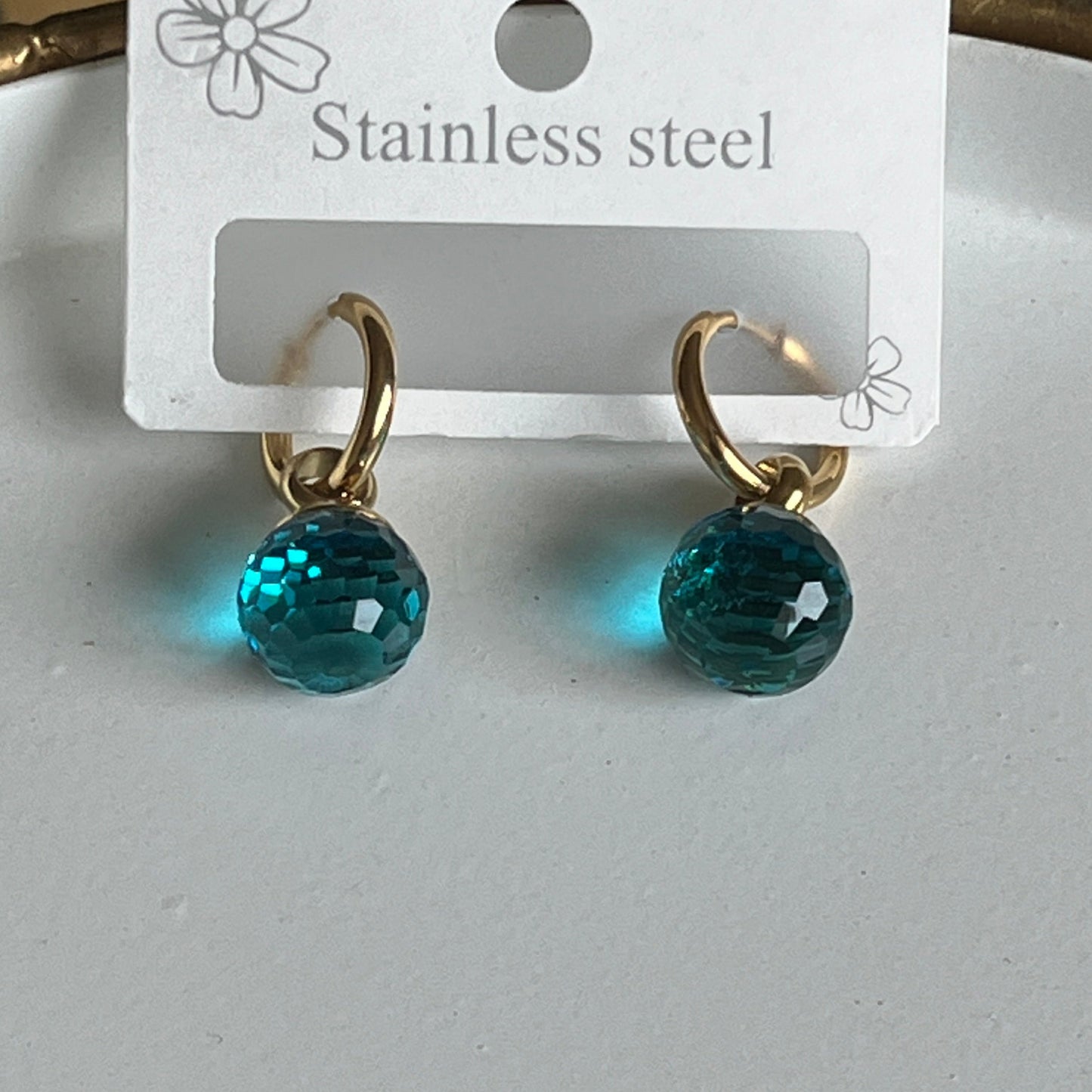 Ocean Blue Faceted Bead Hoop Earrings (Gold)