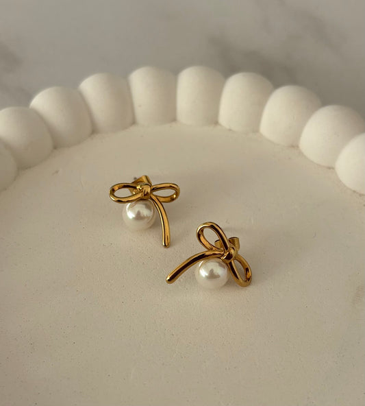 Pearl Bow Studs Earrings  (Gold)