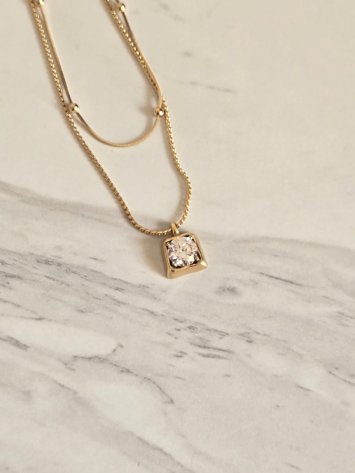 Radiant Square Crystal Layered Necklace (Gold)