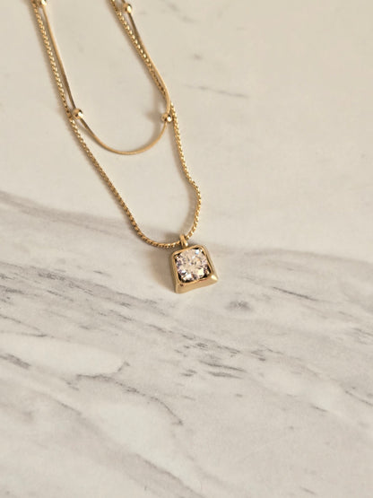 Radiant Square Crystal Layered Necklace (Gold)