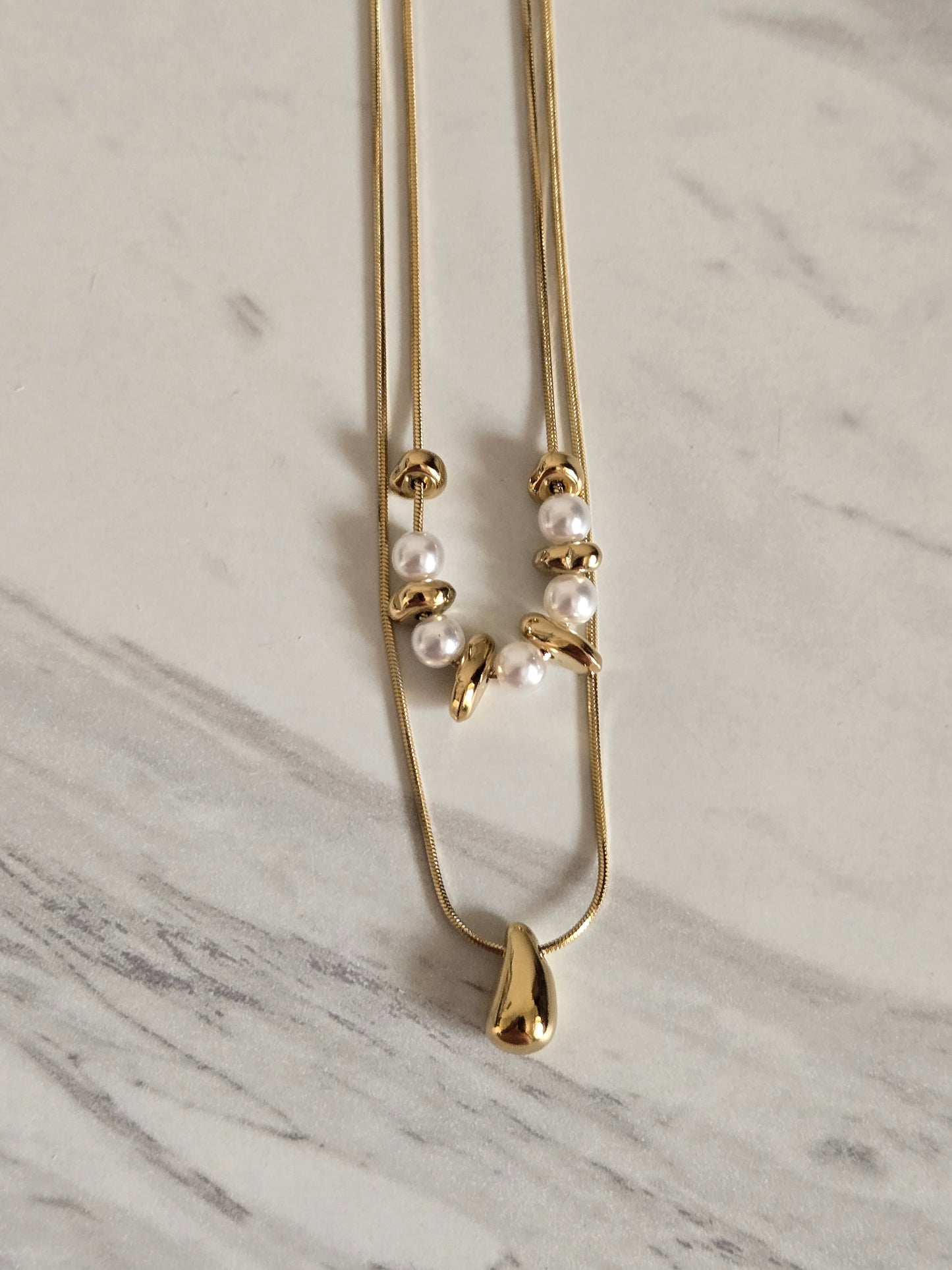Pearl Drop Layered Necklace (Gold