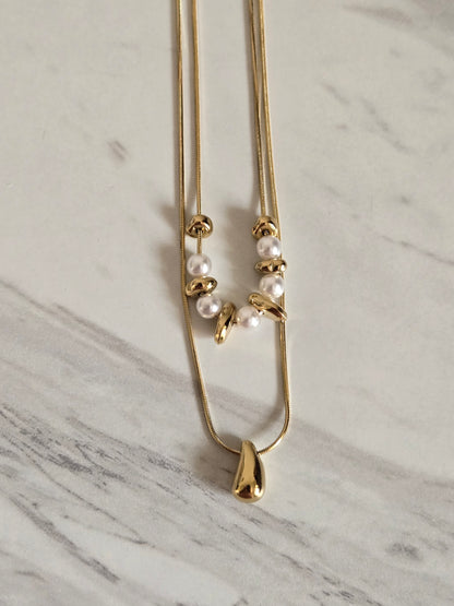 Pearl Drop Layered Necklace (Gold