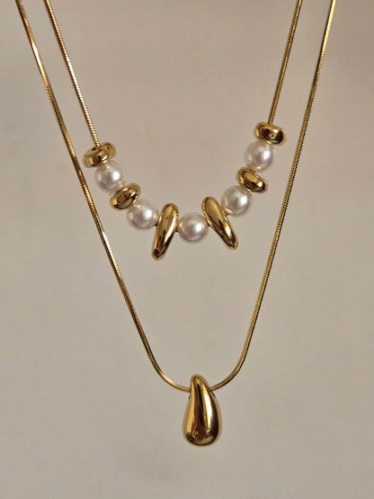 Pearl Drop Layered Necklace (Gold