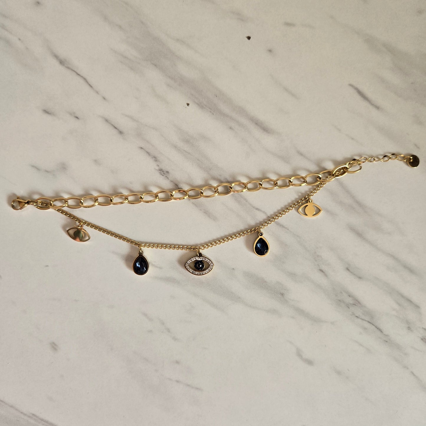 Mystic Evil Eye Charm Layered Chain Bracelet (Gold)