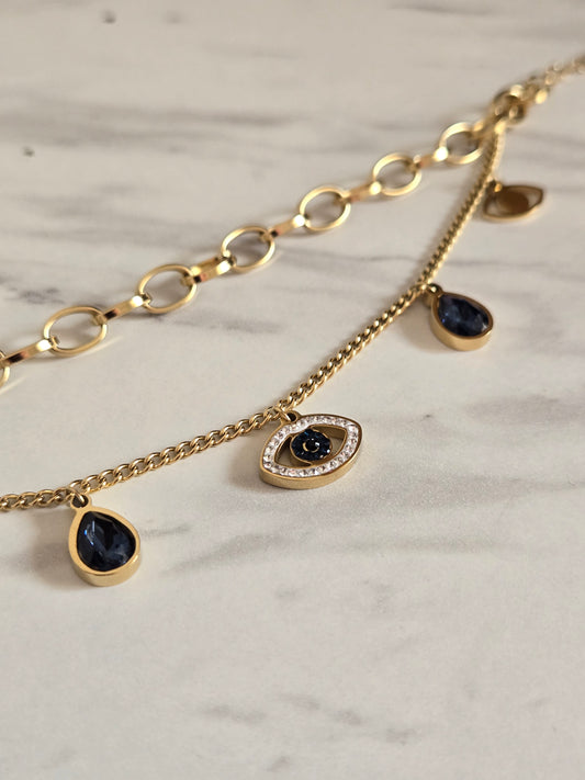 Mystic Evil Eye Charm Layered Chain Bracelet (Gold)