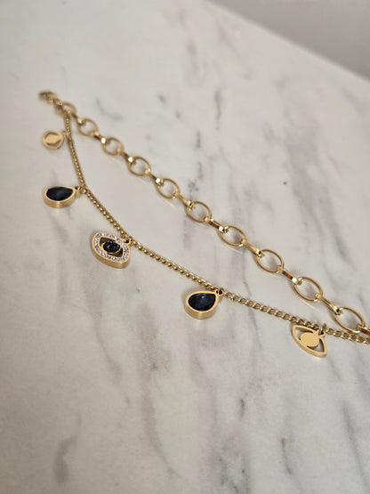 Mystic Evil Eye Charm Layered Chain Bracelet (Gold)