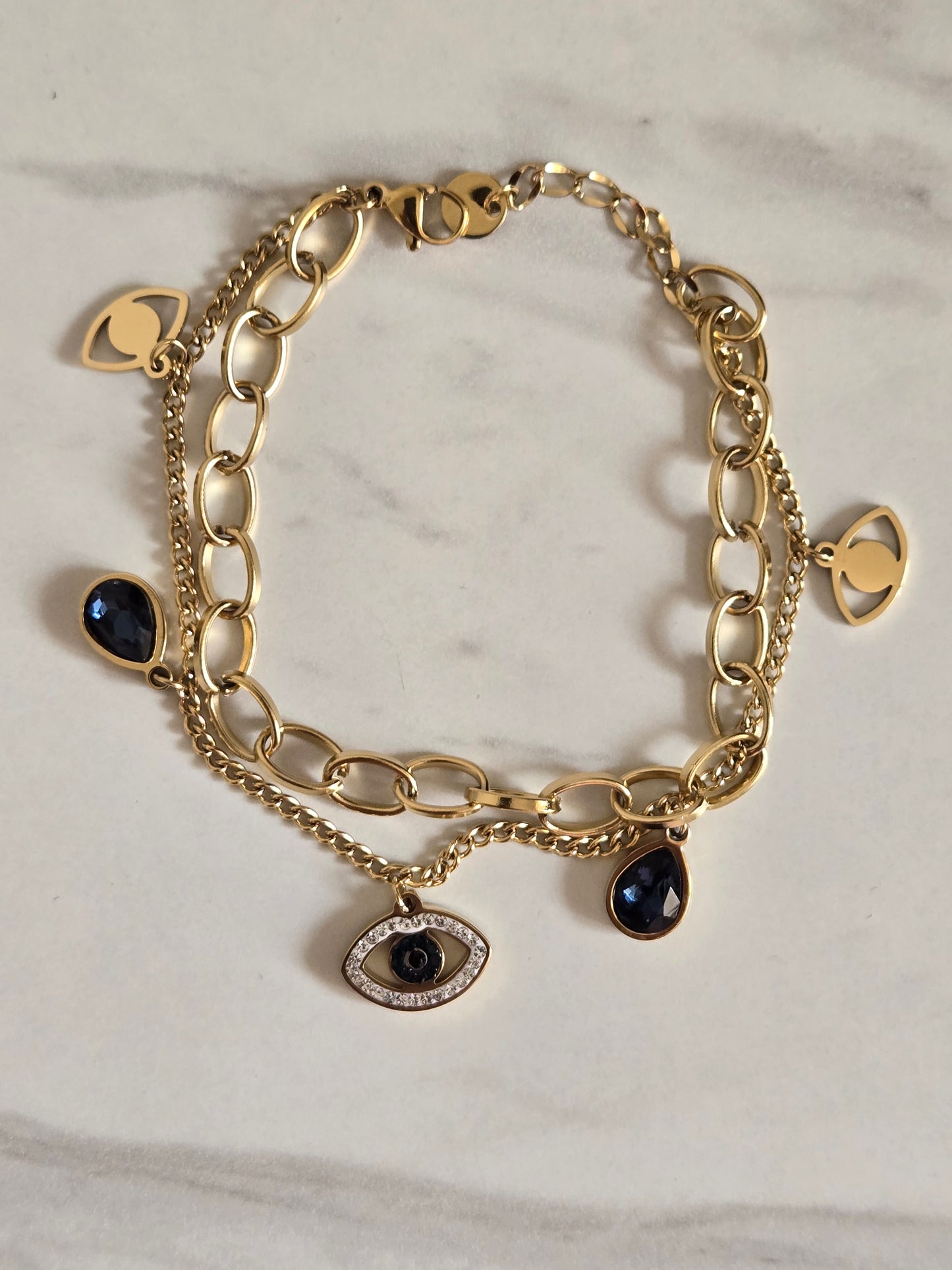 Mystic Evil Eye Charm Layered Chain Bracelet (Gold)