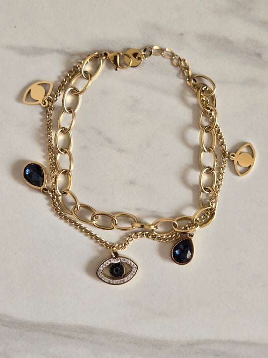 Mystic Evil Eye Charm Layered Chain Bracelet (Gold)