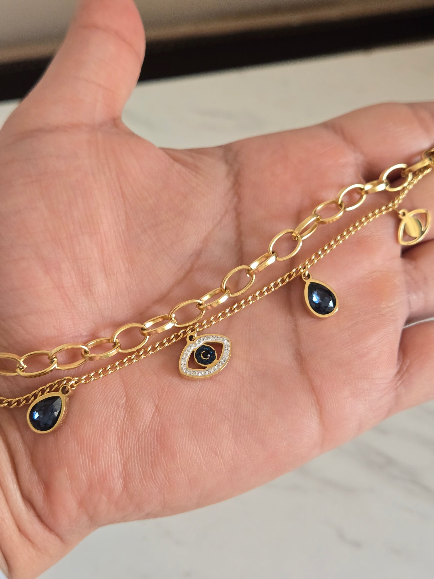 Mystic Evil Eye Charm Layered Chain Bracelet (Gold)