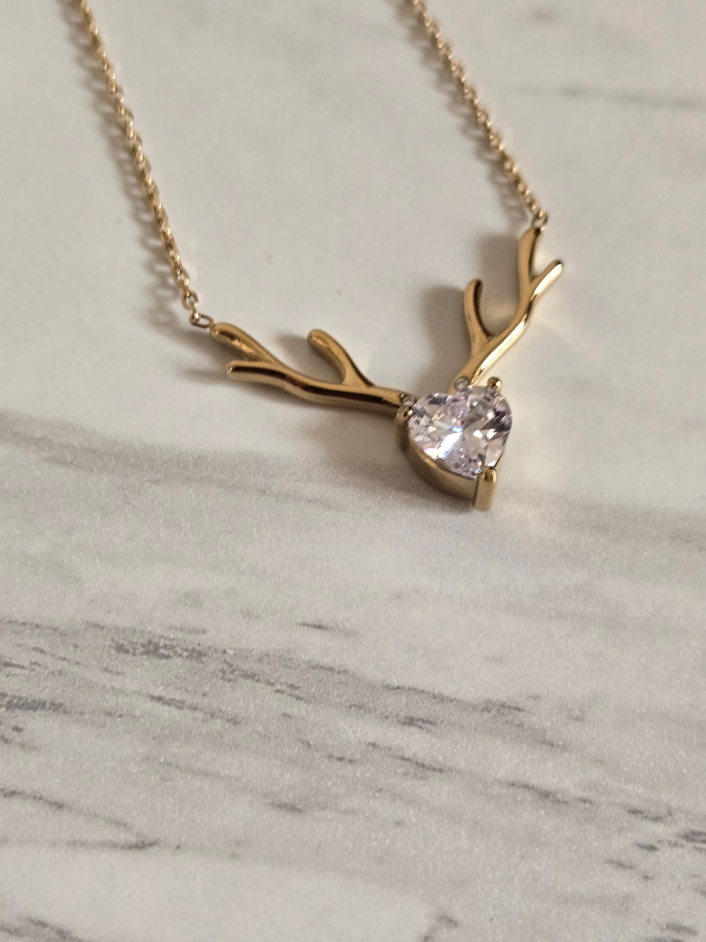 Crystal Antler Heart Necklace (Gold)