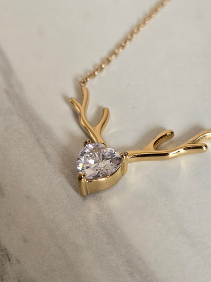 Crystal Antler Heart Necklace (Gold)