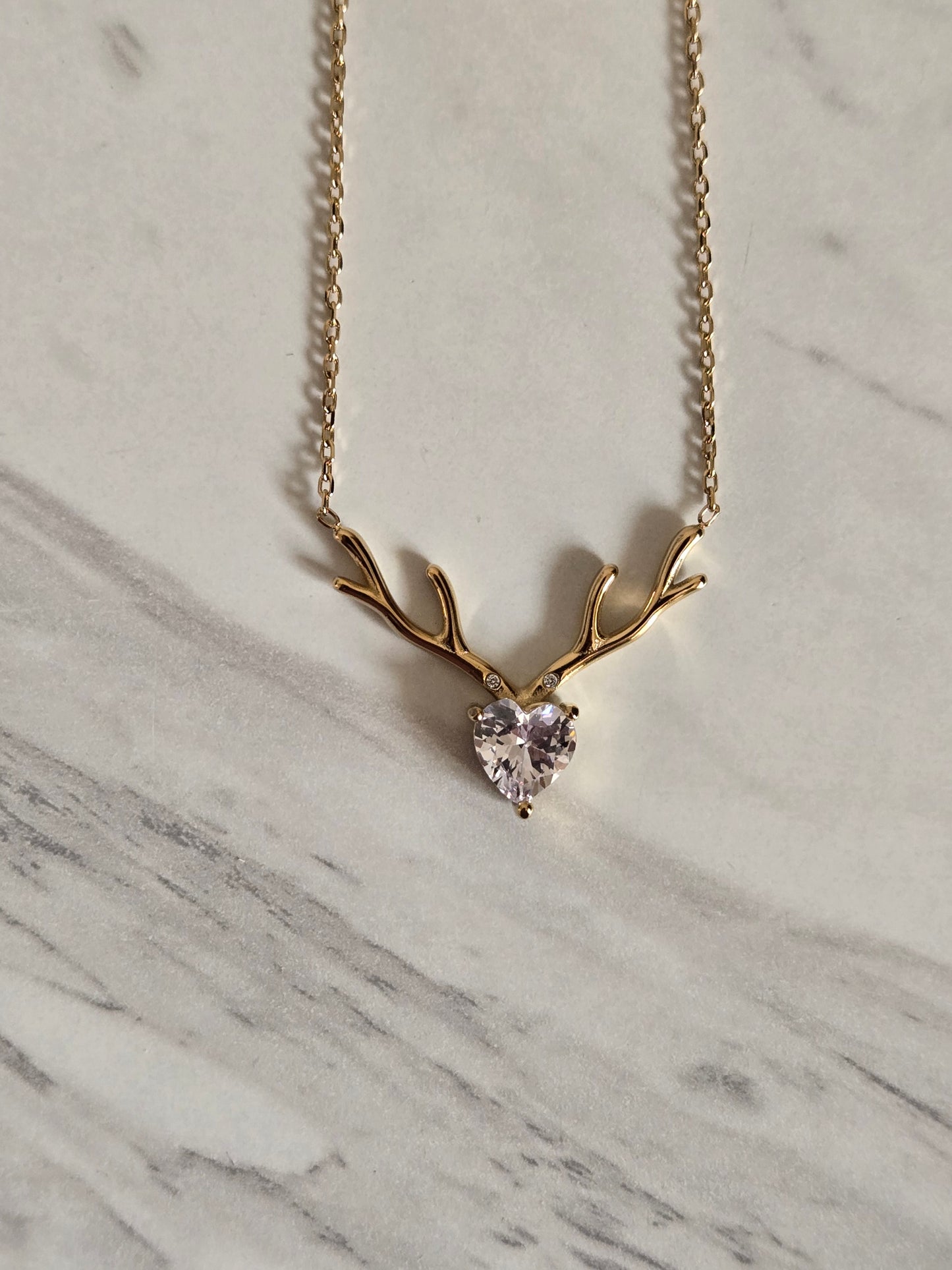 Crystal Antler Heart Necklace (Gold)