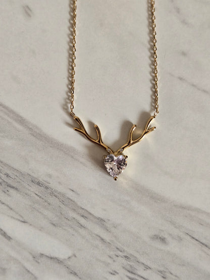 Crystal Antler Heart Necklace (Gold)