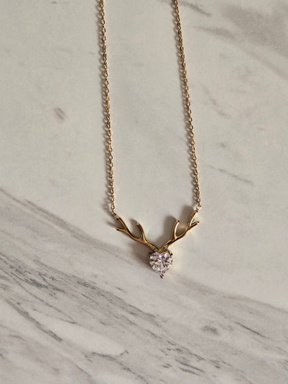 Crystal Antler Heart Necklace (Gold)