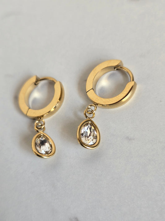 Teardrop Crystal Huggie Earrings (Gold)