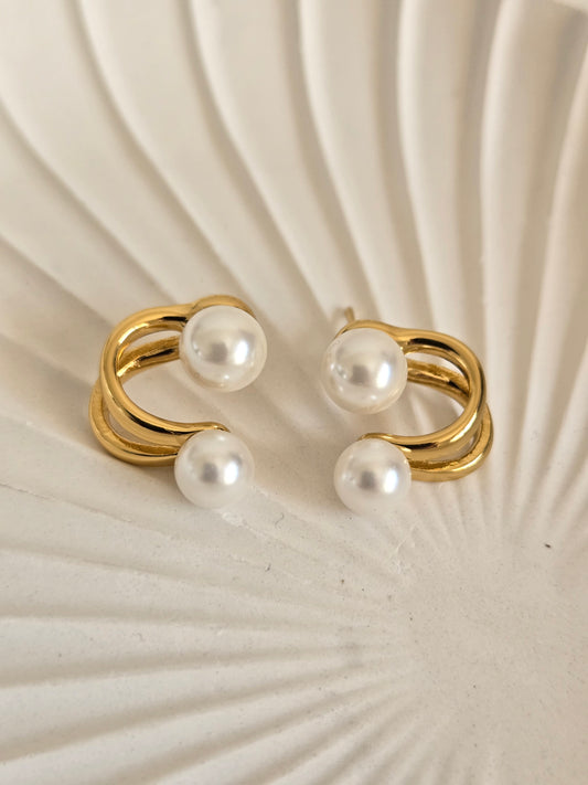 Double Pearl Arc Stud Earrings (Gold)