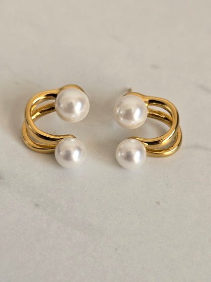Double Pearl Arc Stud Earrings (Gold)