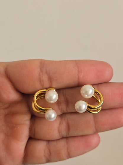 Double Pearl Arc Stud Earrings (Gold)