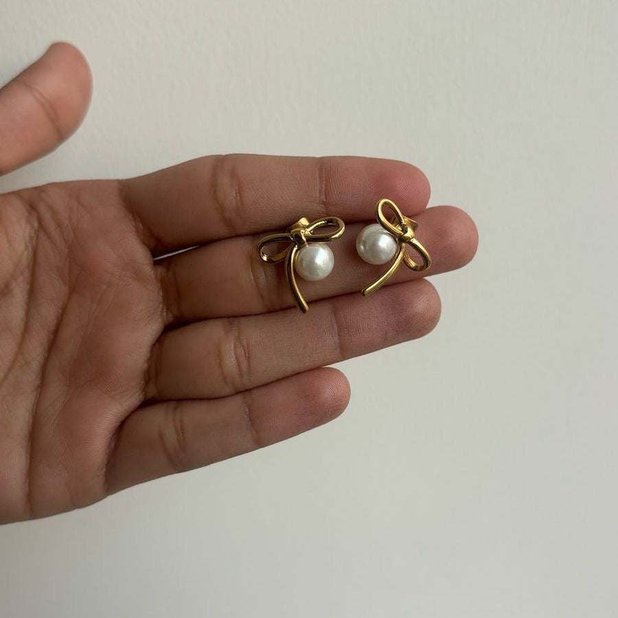 Pearl Bow Studs Earrings  (Gold)