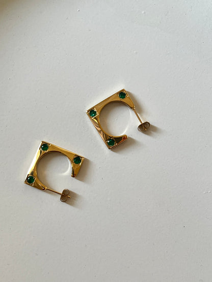 Emerald Studded Square Earrings (Gold)