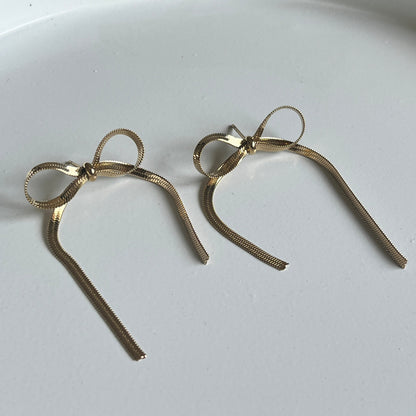 Ribbon Bow Drop Earrings (Gold)