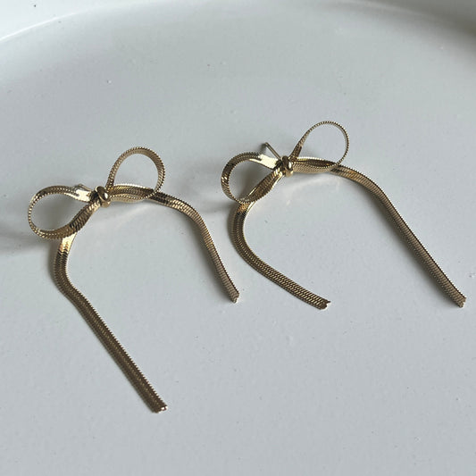 Ribbon Bow Drop Earrings (Gold)