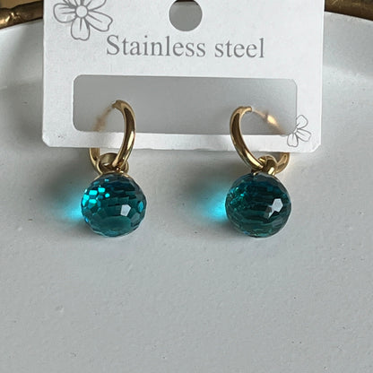 Ocean Blue Faceted Bead Hoop Earrings (Gold)