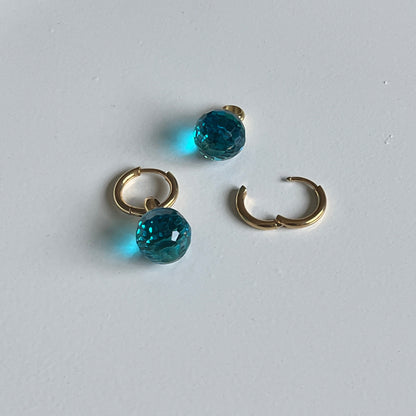 Ocean Blue Faceted Bead Hoop Earrings (Gold)