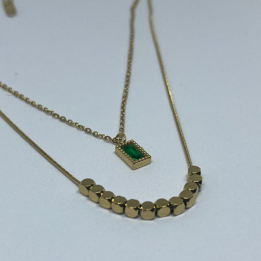 Regal Emerald Double Layer Necklace (Gold)