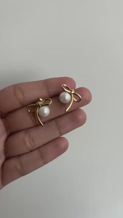 Pearl Bow Studs Earrings  (Gold)