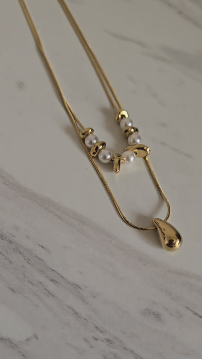 Pearl Drop Layered Necklace (Gold
