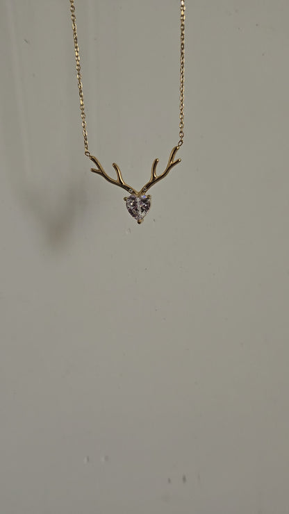Crystal Antler Heart Necklace (Gold)