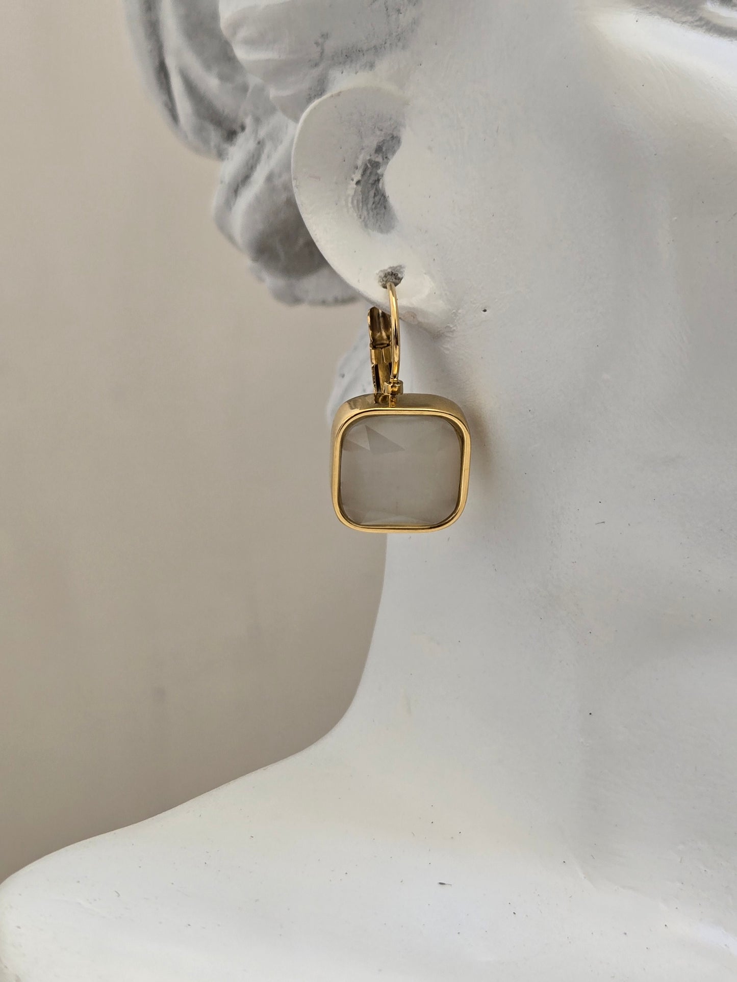 Square Stone Drop Earrings (Gold)